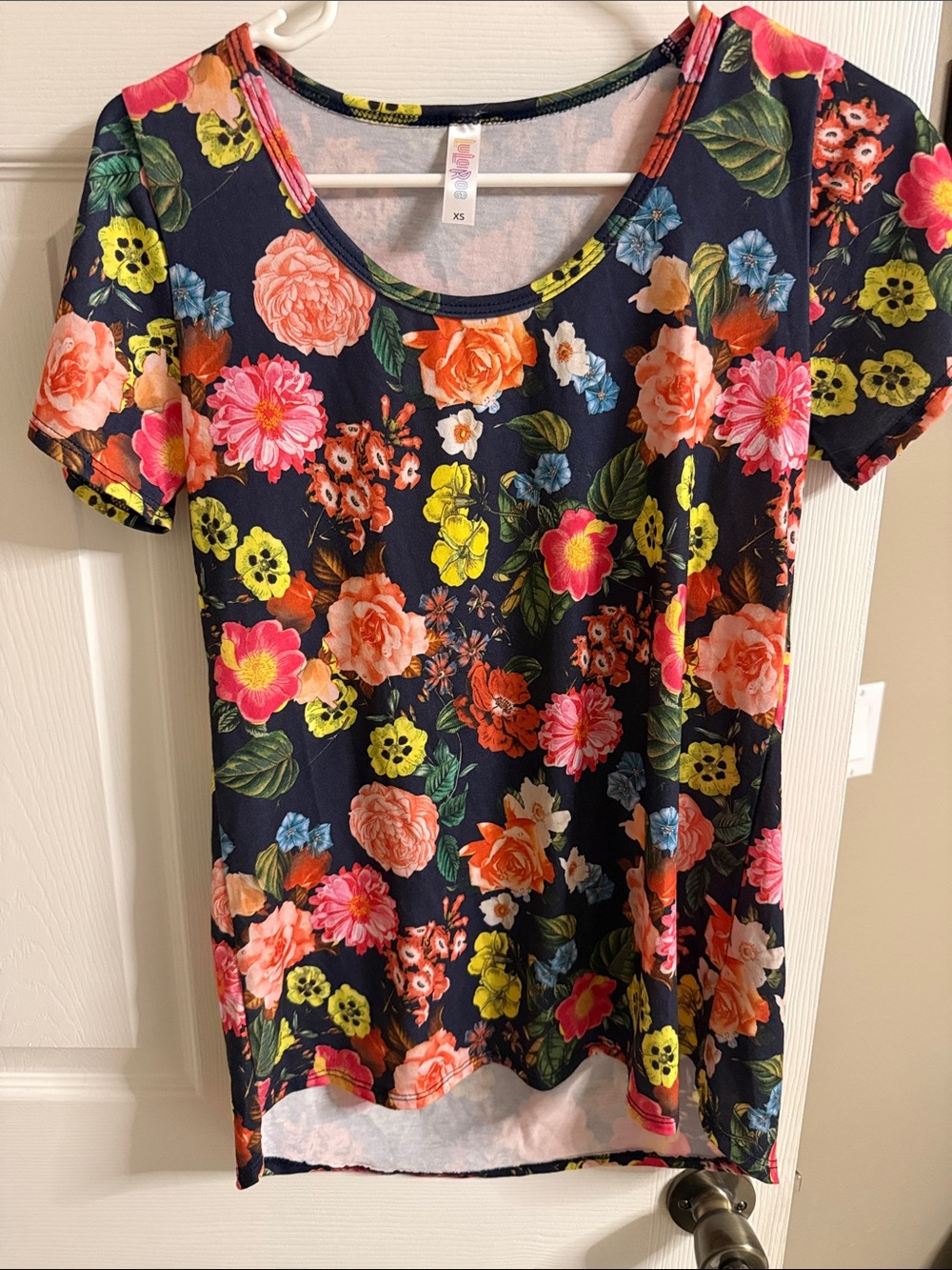 LuLaRoe Navy Floral Scoop Neck Top with Bright Blooms